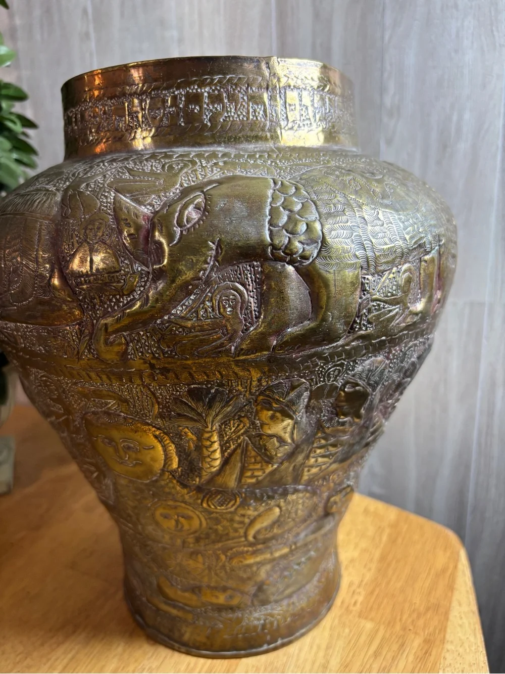Vintage Hand-Etched Brass Vase with Elephant & Figural Motifs Boho Global Decor